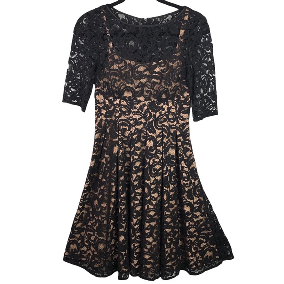 Adrianna Papell Black Lace & Nude Midi Cocktail Night Out Dress Women's Size 2 - Picture 3 of 8